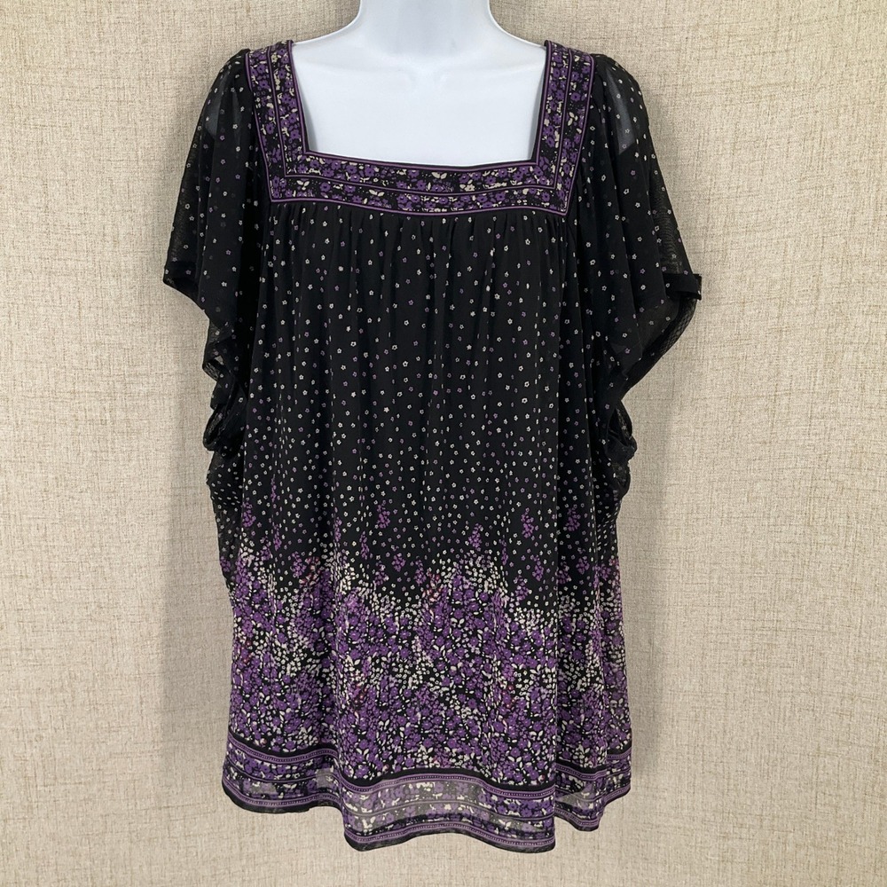 Apt 9 Blouse Women 3X Black Floral Mesh Square Neck Flutter Sleeve Bohemian